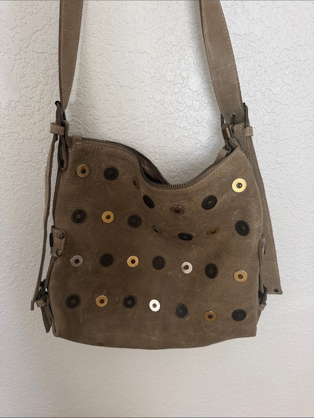 Italian leather Studded Taupe Suede Shoulder Bag -